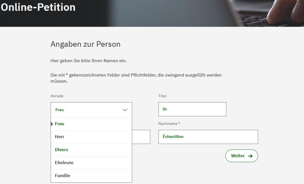 NRW-Petition (Muster) - Angaben zur Person