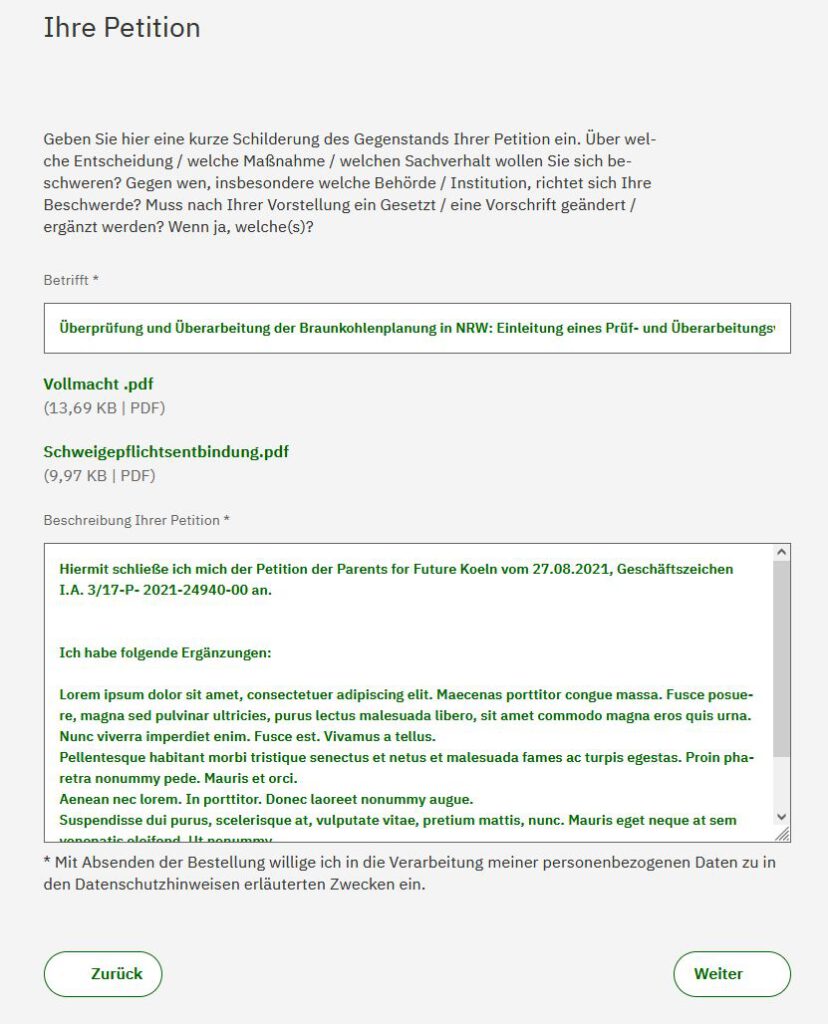 Bildschirmfoto Text der Petition mit Ergänzung (Muster)