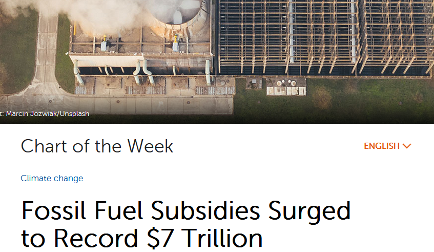 IMF 2308: Fossil Fuel Subsidies Surged to Record $7 Trillion Scaling back subsidies would reduce air pollution, generate revenue, and make a major contribution to slowing climate change https://www.imf.org/en/Blogs/Articles/2023/08/24/fossil-fuel-subsidies-surged-to-record-7-trillion