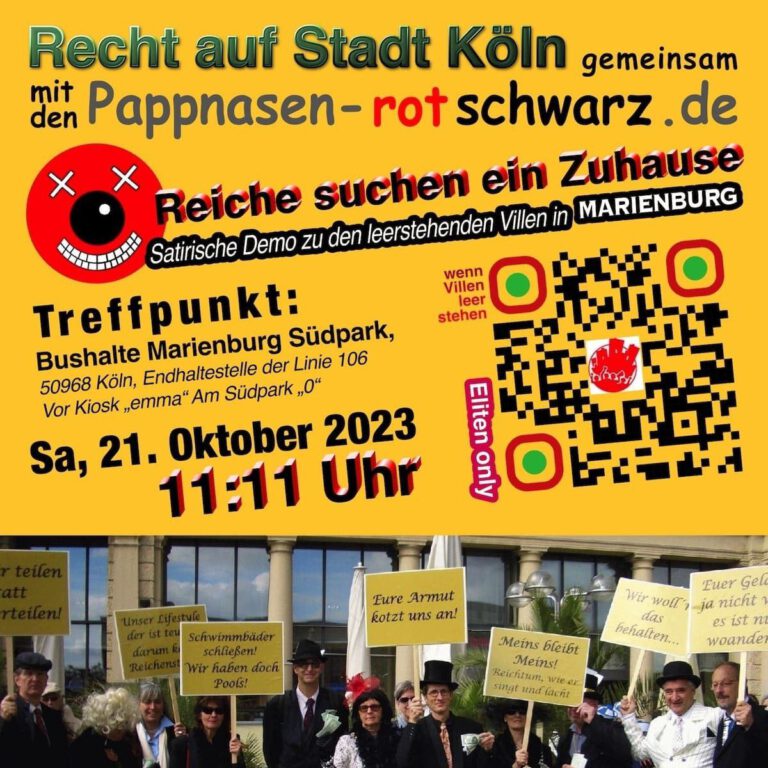Am Samstag, 21.10. um 11.11 Uhr zieht die Gruppe „Recht auf Stadt“ gemeinsam mit den "Pappnasen rotschwarz" durch Marienburg und protestieren gegen Wohnungsnot und Wohnraumspekulation. Hier stehen die schärfsten Villen leer, weil die Besitzenden lieber spekulieren oder sich um ihr Erbe streiten, als zu vermieten. Unter anderem die Parkstraße 8. Wer Monopoly kennt, weiß: Wer die Parkstraße besitzt, hat schon gewonnen!