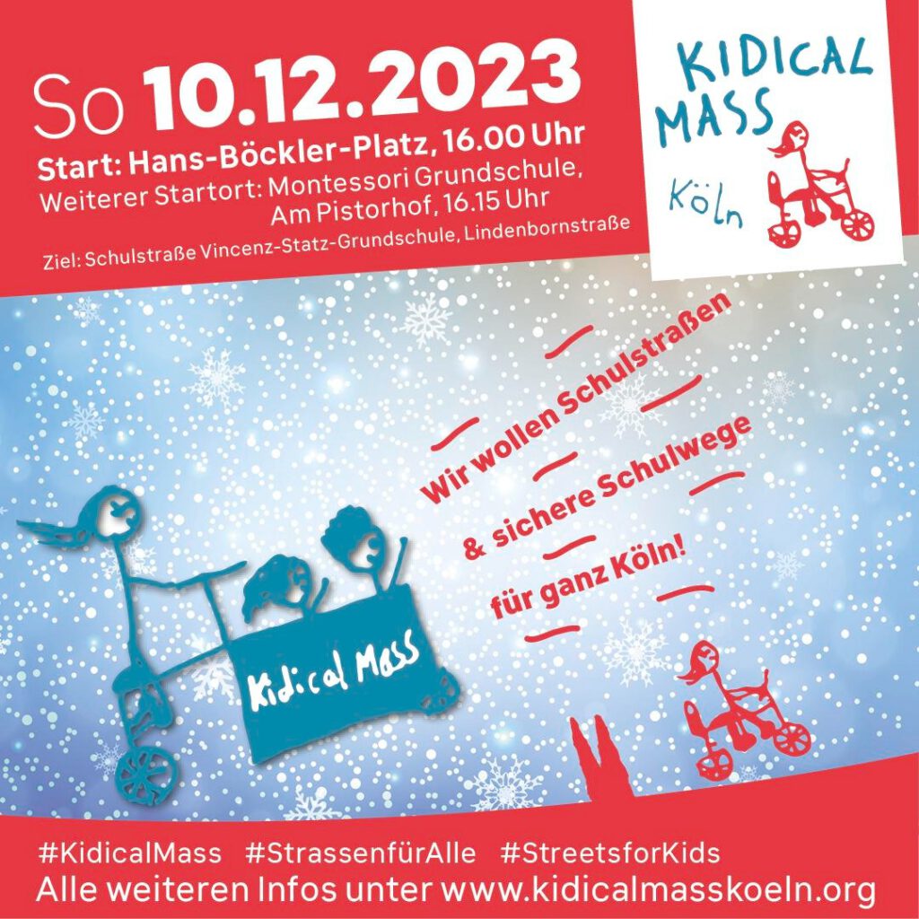 Einladung zur Kidical Mass Lichterfahrt mit Special "Schulstraße" - Sonntag, 10.12.2023 Start: 16:00 Uhr, Hans-Böckler-Platz