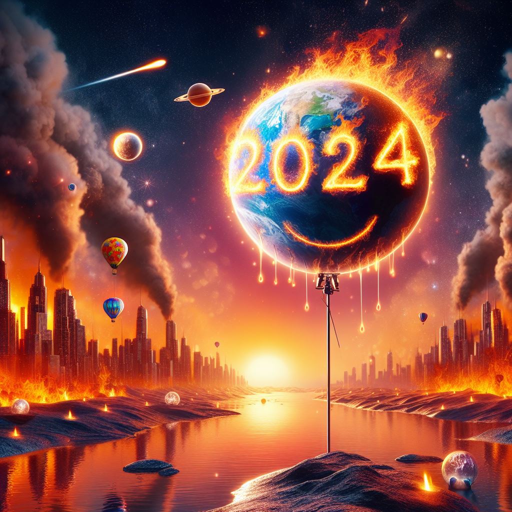 Frohes neues Jahr 2024. Das dank fossiler Verbrennung das wahrscheinlich heißeste Jahr der Menschheitsgeschichte. KI generiertes Bil