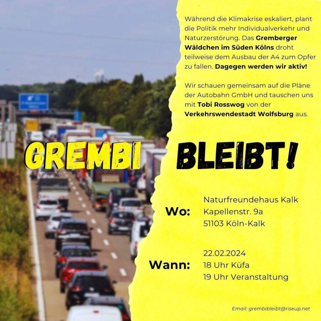Das Gremberger Wäldchen ist ein Mischwald im Süden Kölns, der durch den Ausbau der A4 teilweise zerstört werden soll. Die Autobahn soll um zwei weitere Spuren verbreitert werden. Ebenfalls betroffen sind Anwohner*innen eines Wohngebietes in Poll, das der Autobahnerweiterung teilweise weichen soll.