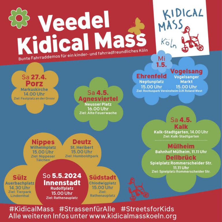 Kidical Mass Köln Termine Frühjahr 27. April - Porz 1. Mai - Ehrenfeld & Vogelsang 4. Mai - Agnesviertel, Kalk, Mühlheim, Dellbrück 5. Mai - Innenstadt, Deutz, Nippes, Sülz, Südstadt