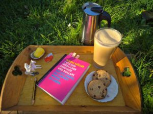 Auf einem hölzernen Tablett im Gras liegt ein Buch mit rosa Umschlag und dem Titel „Zwischen friedlicher Sabotage und Kollaps“ von Tadzio Müller. Daneben steht ein Glas mit einem hellbraunen Getränk, vermutlich Kaffee mit Milch. Zwei Schokoladenkekse befinden sich auf einem kleinen Teller neben dem Buch. Auf dem Tablett liegen auch noch ein kleiner Bleistift, ein gelber Gegenstand, der wie ein Spielzeug aussieht, sowie ein kleines Spielzeugpferdchen mit Reiter. Im Hintergrund ist grünes Gras zu sehen und eine Kaffeemaschine steht ebenfalls auf dem Tablett. Das Bild strahlt eine gemütliche und entspannte Atmosphäre aus.