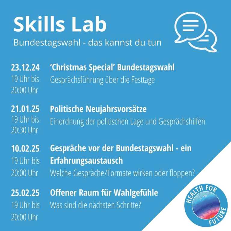 Das Bild zeigt ein Ankündigungsplakat für das "Skills Lab" von Health for Future mit verschiedenen Veranstaltungen rund um die Bundestagswahl. Es listet Termine mit Uhrzeiten und kurzen Beschreibungen auf, die sich mit Gesprächen über die Festtage, politischen Neujahrsvorsätzen, Erfahrungen vor der Wahl und einem offenen Raum für Wahlgefühle befassen. Das Design ist in Blau gehalten und enthält Sprechblasen-Symbole.