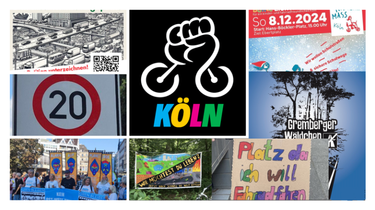 Eine Zusammenstellung verschiedener Verkehrswendethemen in Köln im Bild: Zu sehen sind unter anderem ein stark befahrener Autobahnzubringer, ein Tempo-20-Schild, ein Plakat für die Kidical Mass in Köln, ein Bild, das für den Erhalt des Gremberger Wäldchens wirbt, sowie Plakate und Banner von Demonstrationen für mehr Radverkehr und Klimaschutz. Die Collage zeigt eine Mischung aus Illustrationen, Fotos und grafischen Elementen.