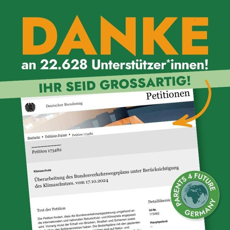 Dankesbotschaft an alle Unterstützer*innen der Petition zum Bundesverkehrtwegeplan. Der Haupttext lautet „DANKE an 22.628 Unterstützer*innen! IHR SEID GROSSARTIG!“. Im unteren Teil ist ein Screenshot einer Online-Petition beim Deutschen Bundestag zu sehen, die sich mit der Überarbeitung des Bundesverkehrswegeplans unter Berücksichtigung des Klimaschutzes befasst. Ein Logo von „Parents for Future Germany“ ist ebenfalls abgebildet.