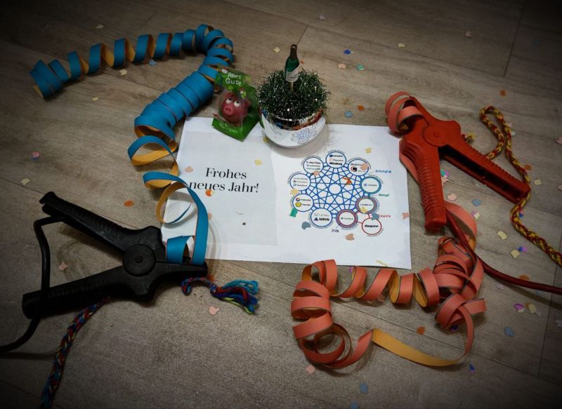 Im Mittelpunkt liegt ein Blatt Papier mit der Aufschrift „Frohes neues Jahr!“ und einem Diagramm aus dem Kuketz-Blog. Dieses zeigt welche Dienste im Fediverse wie miteinander verbunden sind. Um das Papier herum liegen bunte Konfetti, zwei Starthilfe-Klemmen (eine rot, eine schwarz), sowie Luftschlangen in Blau-Gelb und Orange-Rot. Ein kleines Schokoladen-Schweinchen in einer Verpackung und ein kleiner, mit Tannenzweigen geschmückter Topf mit einer Sektflasche sind ebenfalls zu sehen.