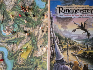 Das Bild zeigt eine Ansicht von oben auf das Brettspiel Ringgeister, das auf einem Tisch ausgebreitet ist, neben dem die Schachtel des Spiels liegt. Das Spielbrett ist ein detaillierte, illustrierte Landschaft mit Wald, Flüssen und kleinen Figuren, die verschiedene Charaktere und Objekte darstellen. Auf dem Spielbrett sind Spielfiguren und einige Herr der Ringe Überraschungseifiguren platziert. Die Schachtel des Spiels zeigt ein fantasievolles Bild mit einem Drachen, einer Flusslandschaft und Figuren aus Tolkiens Geschichte "Herr der Ringe"
