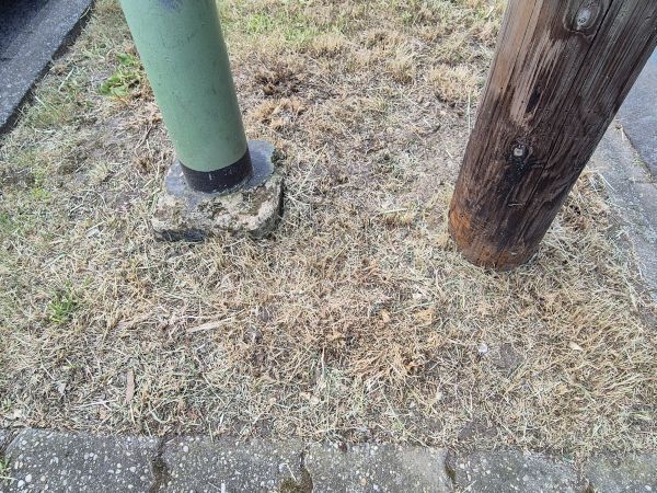 Das Bild zeigt den Fuß eines grünen Laternenpfahls und einen braunen Mast einer alten Telefonleitung. Sie stehen in einer Grasfläche, das sehr kurz gemäht wurde. Das Gras ist von der Sonne verbrannt. Die Grasfläche wird links und recht von Bordsteinen umrandet, im unteren Bereich ist ein gepflasteter Bereich erkennbar.