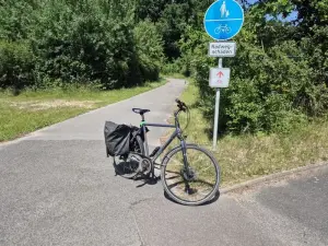 Auf einem Fahrradweg steht im Vordergrund ein schwarzes Rad. Rechts davon ist ein blaues Gebotsschild: Fuss und Radweg nutzen. Darunter ist das Zusatzschiuld Radwegschäden angebracht. Die Radroute weist genau auf diesen Radweg. Im Hintergrund sind Bäume und Sträucher zu sehen.