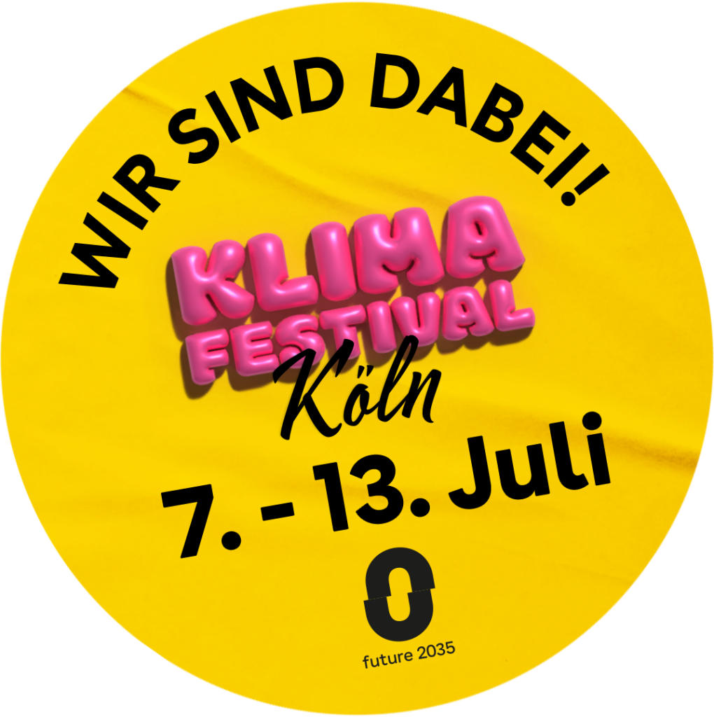 Rundlogo zum Kölner Klimafestival 2025. Auf einem gelben Kreis ist folgende Aufschrift zu lesen: Wir sind dabei!! KLIMAFESTIVAL Köln 7. - 13. Juli Im unteren Bereich ist das Logo 0 future 2025 zu sehen. Q.: https://www.klimaschutz.koeln/mediakit