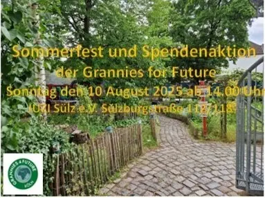 Einladungsbild für das Sommerfest und die Spendenaktion der Grannies for Future am 10. August 2025 ab 14 Uhr im JUZI Sülz e.V., Sülzburgstraße 112-118 - Im Bild ist ein gepflasteter Weg in einer Gartenanlag zu sehen. Die Beete sind mit Holzzäunen gescihert.