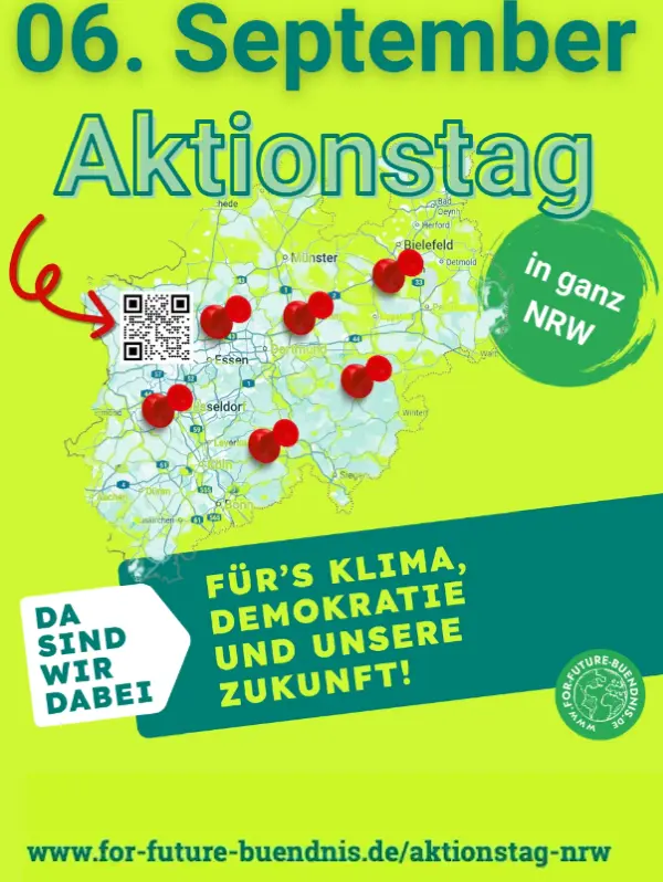 Karte von Nordrhein-Westfalen mit roten Markierungen, Text "06. September Aktionstag in ganz NRW', Das sind wir dabei - Fürs Klima, Demokratie und Zukunft", QR-Code und Webadresse: https://www.for-future-buendnis.de/aktionstag-nrw/