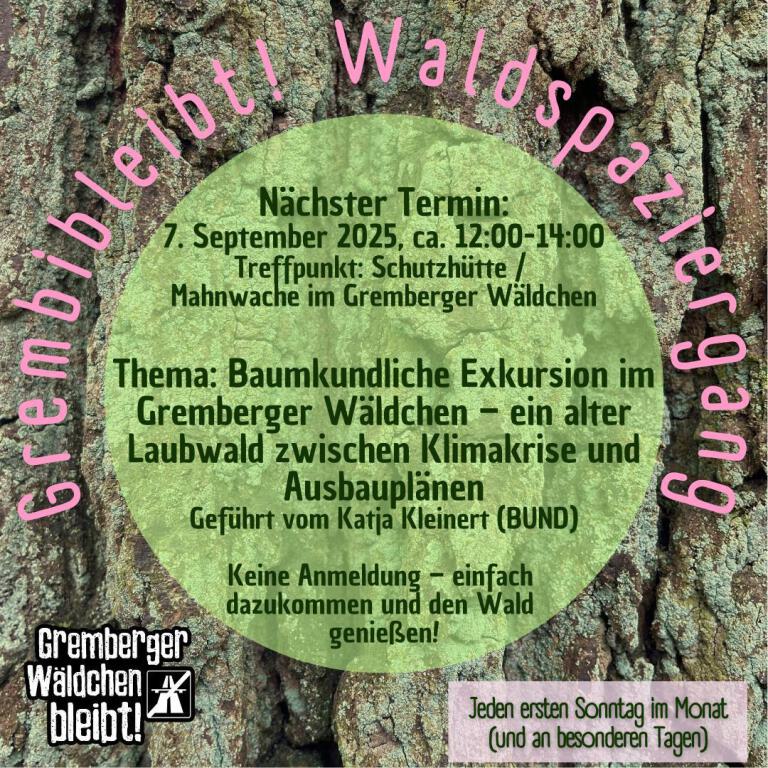 Baumrinde mit grünem Kreis und Text zu einer Baumkundlichen Exkursion am 7. September 2025 im Gremberger Wäldchen, organisiert von BUND und Gremberger Wäldchen bleibt