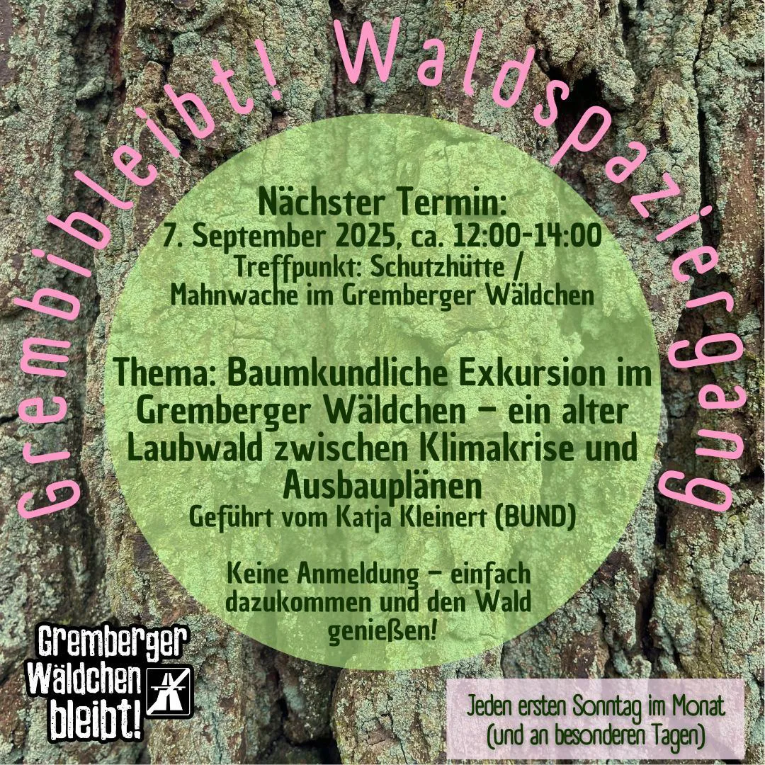 Waldspaziergang 7.9.25 Baumrinde mit grünem Kreis und Text zu einer Baumkundlichen Exkursion am 7. September 2025 im Gremberger Wäldchen, organisiert von BUND und Gremberger Wäldchen bleibt