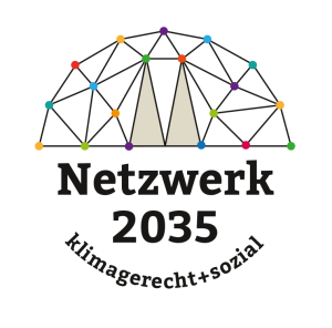 Rundes Logo vom Netzwerk 2035 mit stilisiertem Netz aus verbundenen Punkten über den zwei Türmen des Kölner Doms. Text 'Netzwerk 2035' in fett und 'klimagerecht+sozial' als UNtertitel
