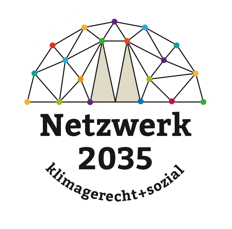 Rundes Logo vom Netzwerk 2035 mit stilisiertem Netz aus verbundenen Punkten über den zwei Türmen des Kölner Doms. Text 'Netzwerk 2035' in fett und 'klimagerecht+sozial' als UNtertitel