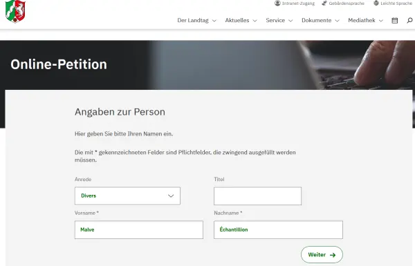 Online-Petition Formular des Landtages NRW mit Eingabefeldern für Anrede, Titel, Vorname und Nachname. Pflichtfelder sind beispeilhaft ausgefüllt.