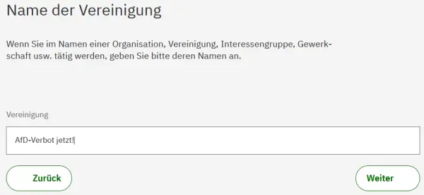 Formular zur Eingabe des Namens einer Organisation. Sichtbarer Text: 'Name der Vereinigung', 'Vereinigung', Schaltflächen 'Zurück' und 'Weiter'.