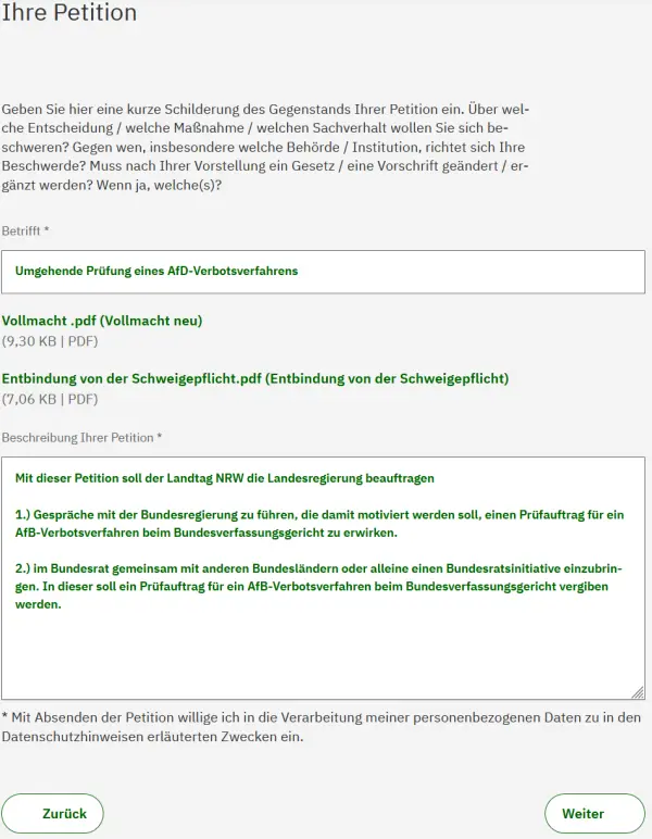 Text auf einem Formular zur Einreichung einer Petition. Enthält die Überschrift 'Ihre Petition', den Abschnitt 'Betreff', und Links zu PDF-Dokumenten: 'Vollmacht .pdf' und 'Entbindung von der Schweigepflicht .pdf'. Im Fuss die Schaltflächen 'Zurück' und 'Weiter' sind sichtbar.