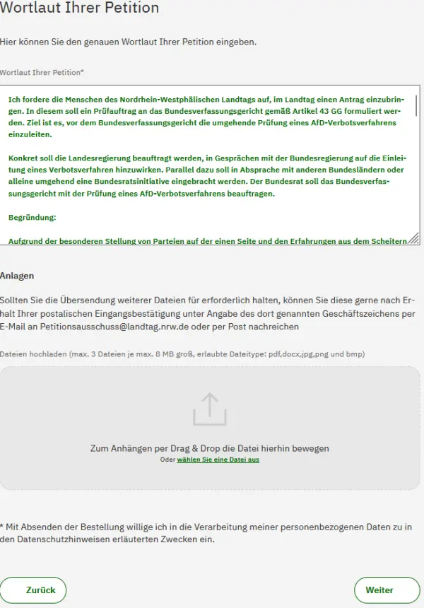 Textfeld zur Eingabe des Wortlauts einer Petition mit dem Titel 'Wortlaut Ihrer Petition'. Darunter Hinweise zur Dateiupload und zur Einreichung. Im Fuss sind die Schaltflächen 'Zurück' und 'Weiter' sind sichtbar.