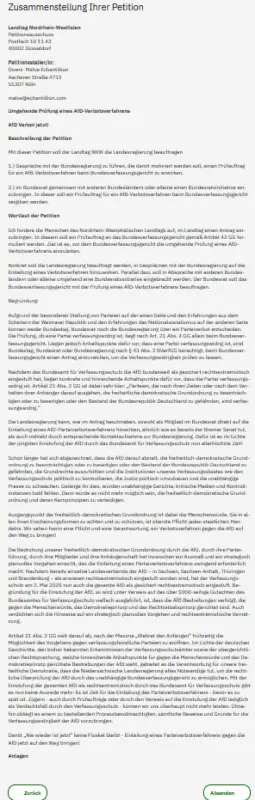 Textdokument mit der Überschrift 'Zusammenstellung Ihrer Petition', enthält mehrere Absätze eines Mustertextes. Im Fuss sind die Schaltflächen 'Zurück' und 'Absenden' sind sichtbar.