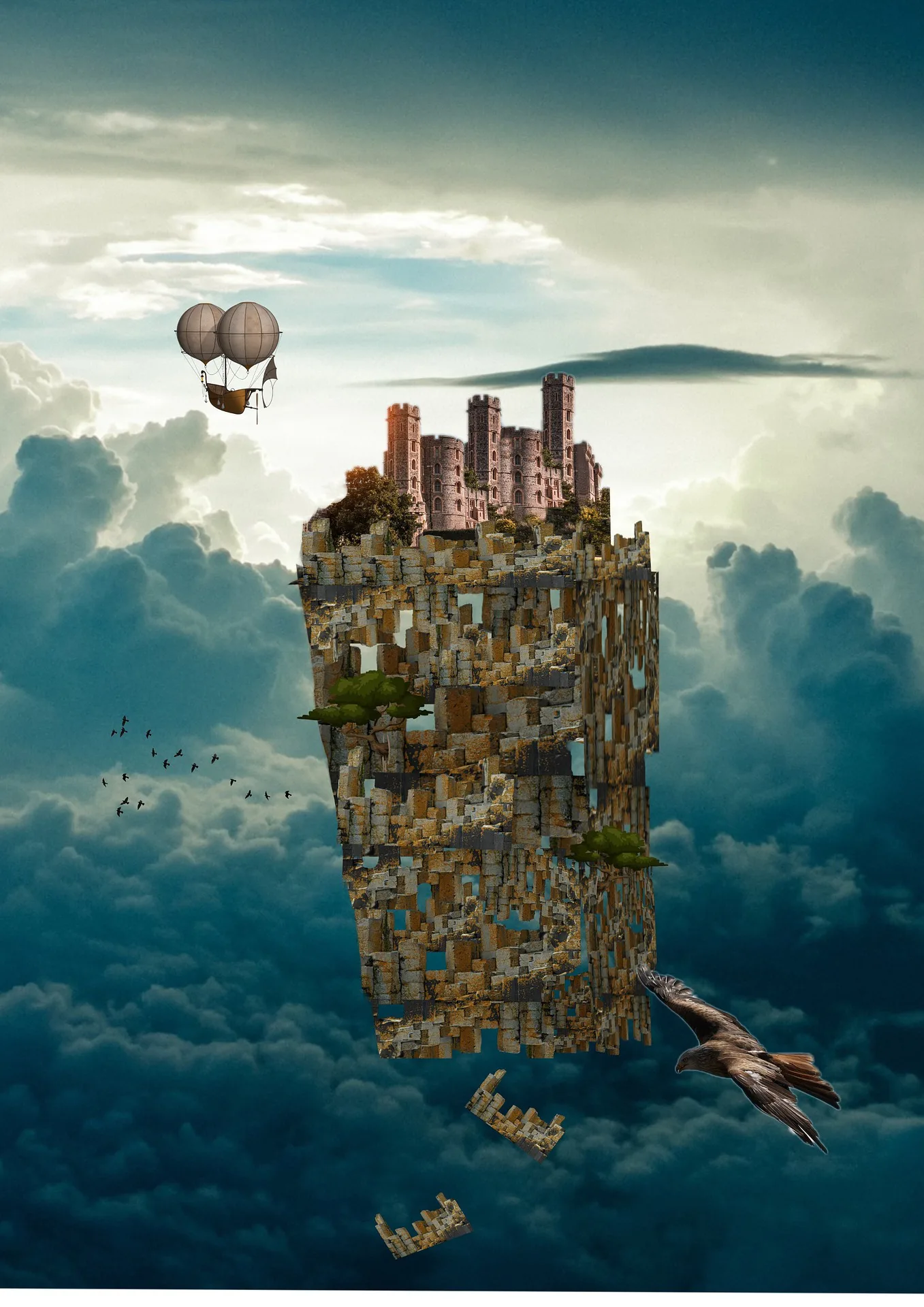 Ein Schloss, über den Wolken fliegend, daneben ein Boot, das durch Heißluftballons getragen wird.