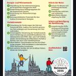Flyer mit Überschrift 'Unsere Forderungen' aus dem Netzwerk 2035 zur Kommunalwahl 2025 in Köln. Gegliedert in Energie- und Wärmewende, Verkehrswende, Schutz der Natur und Beteiligung der Bevölkerung. Im Hintergrund sind Kölner Wahrzeichen wie der Dom sichtbar. Im unteren Bereich sind die Logos der beteiligten Organisationen abgebildet. Der komplette Text ist hier einsehbar: https://koelle4future.de/blog/2025/08/12/forderungen-zur-kommunalwahl-in-koeln/