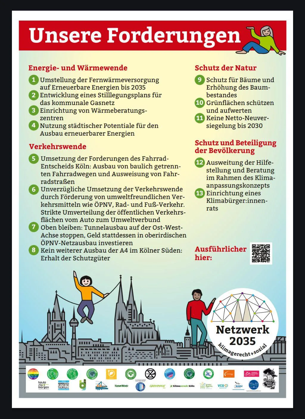 Flyer mit Überschrift 'Unsere Forderungen' aus dem Netzwerk 2035 zur Kommunalwahl 2025 in Köln. Gegliedert in Energie- und Wärmewende, Verkehrswende, Schutz der Natur und Beteiligung der Bevölkerung. Im Hintergrund sind Kölner Wahrzeichen wie der Dom sichtbar. Im unteren Bereich sind die Logos der beteiligten Organisationen abgebildet. Der komplette Text ist hier einsehbar: https://koelle4future.de/blog/2025/08/12/forderungen-zur-kommunalwahl-in-koeln/
