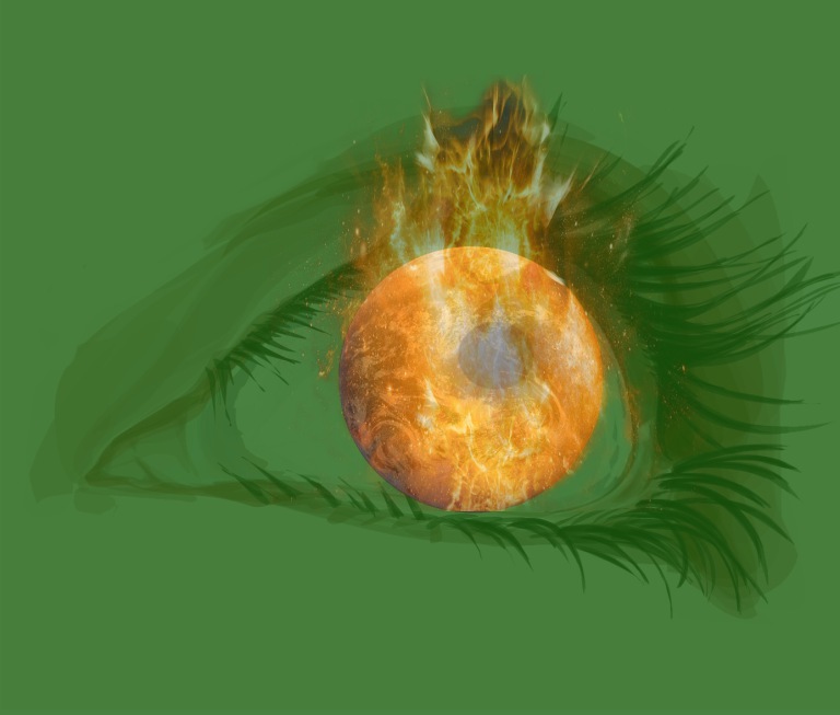 Ein Auge mit einer brennenden Weltkugel als Iris