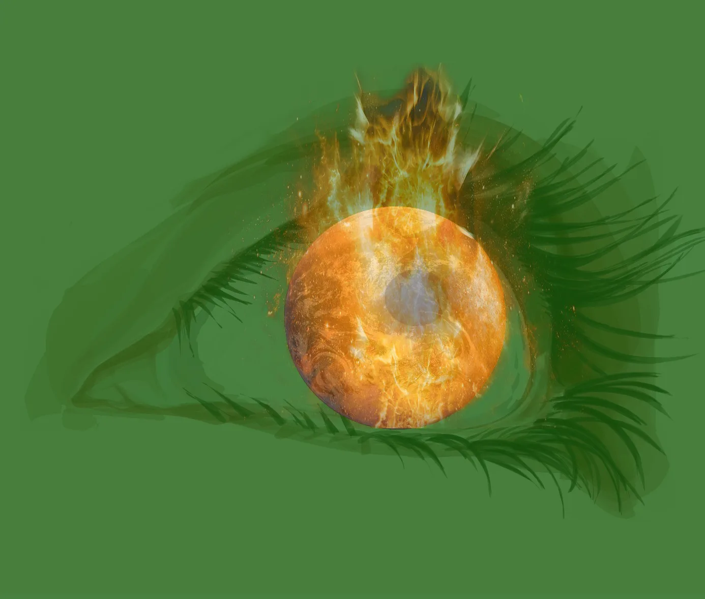 Ein Auge mit einer brennenden Weltkugel als Iris
