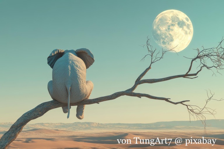 Ein Bild, auf dem tagsüber ein Elefant auf einem laublosen Baum über einer Wüstenlandschaft sitzt und den Mond anschaut.